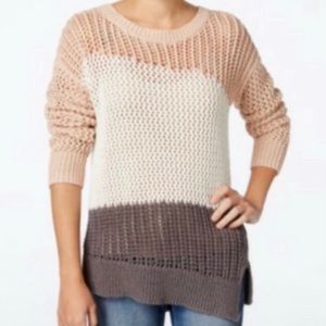 Calvin Klein Cozy Ivory, Dust Pink, & Gray Asymmetrical Open Knit Sweater. SM